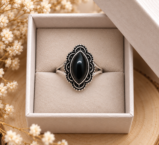 Bague en argent sterling et agate noire 20mm