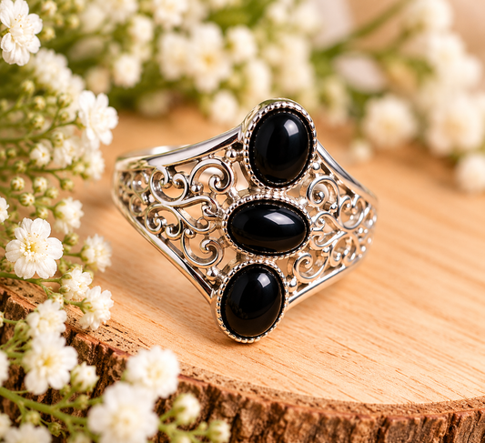Bague argent sterling et agate noire