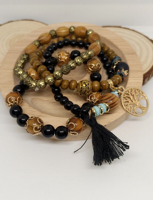 Bracelets en bois de santal et acrylique arbre de vie noir 6mm